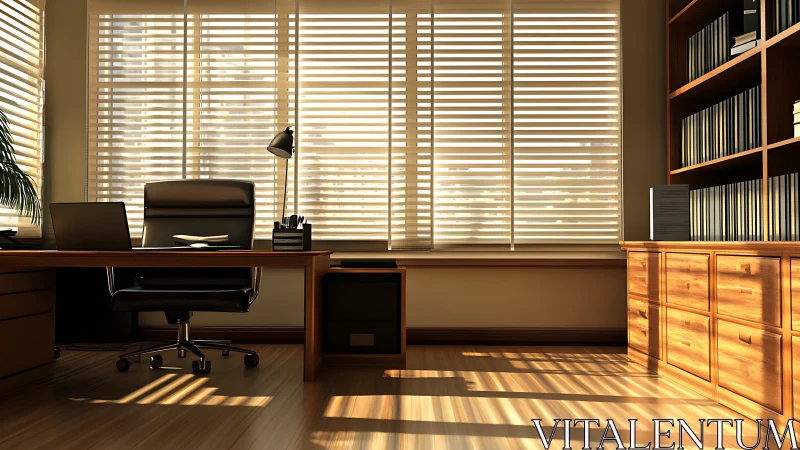 Sunlit executive office interior with wooden desk and shelving