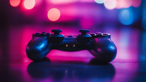 Gaming controller silhouette with neon background lighting.
