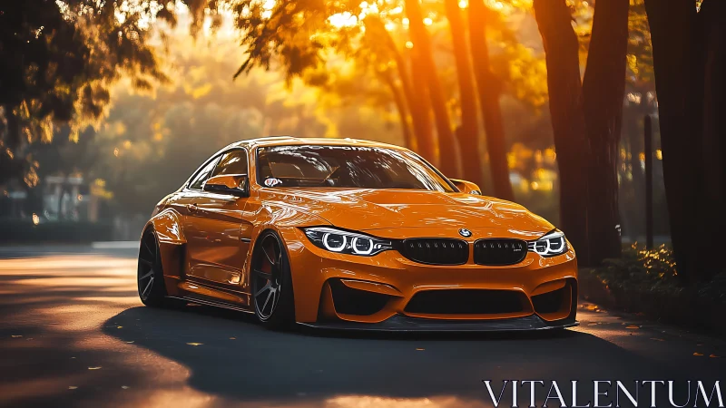 Widebody orange sports coupe under golden hour forest light