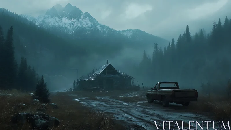 Misty mountain cabin and abandoned truck at dawnscape.