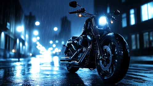 Midnight motorcycle waits in neon rain on empty city street