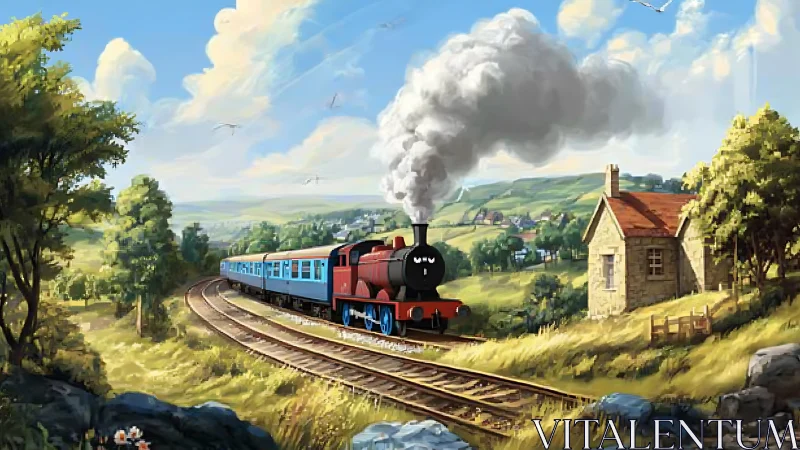 Steam locomotive with face crosses bright rural valley bend