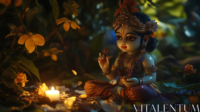 Divine child Krishna idol in candlelit forest glow at dusk.