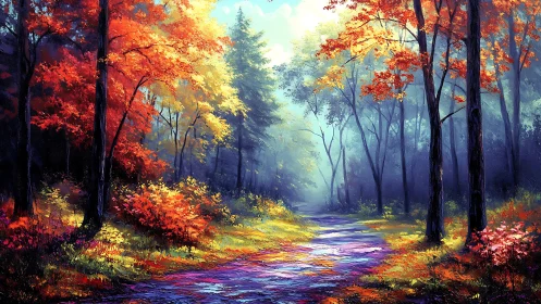 Autumn Forest Path Through Glowing Woodland Canopy