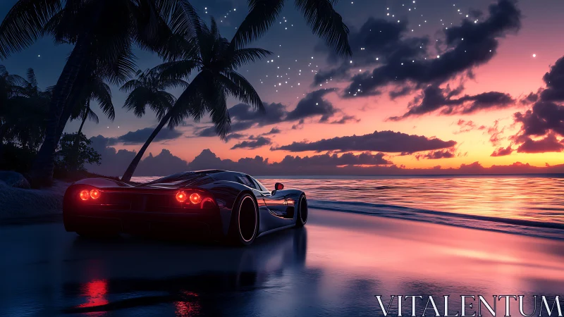 Supercar glows beside neon sunset tropical shoreline.