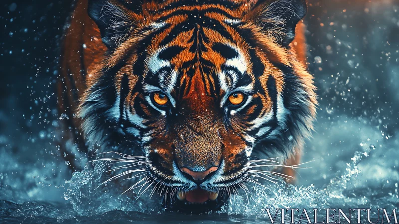 Tiger strides through splashing water with intense forward gaze