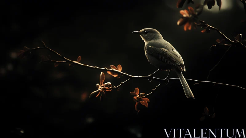 Solitary Songbird on Branch in Dramatic Low Light Photography.