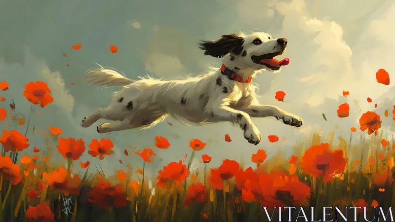 Spotted dog mid-leap above poppy field under daylight.