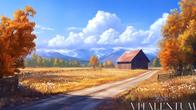 Rural barn along dirt road in autumn meadow landscape.