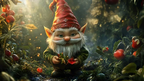 Garden gnome sage among glowlit apples and whispering leaves.