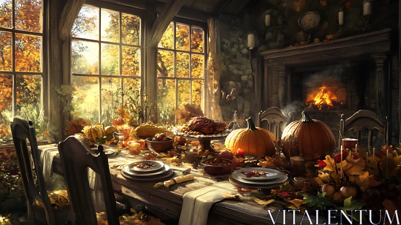Rustic autumn feast in sunlit cottage dining room interior.