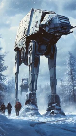 Imperial walkers stride through snowy forest with hikers