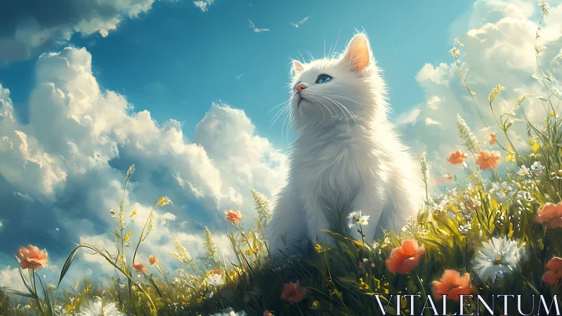 White Cat in Wildflower Meadow Against Blue Sky.