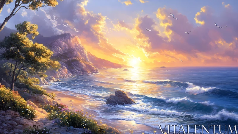 Coastal landscape with sunset, rocky shore and distant cliffs.