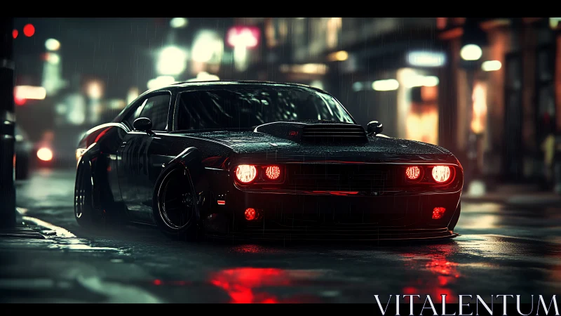 Black muscle car on wet city street at night in rainfall.