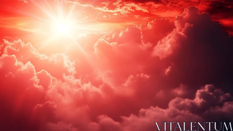 Radiant red sunburst illuminating volumetric storm clouds