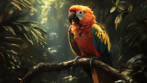 Scarlet macaw on branch in dense tropical forest habitat.