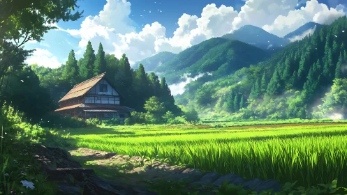 Traditional wooden house faces lush rice field and forest