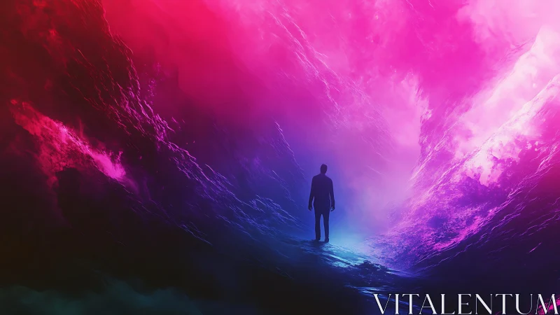 Silhouette walks neon canyon under radiant magenta sky.