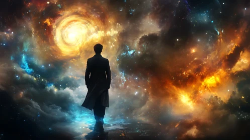 Backlit silhouette before swirling stellar vortex gateway.