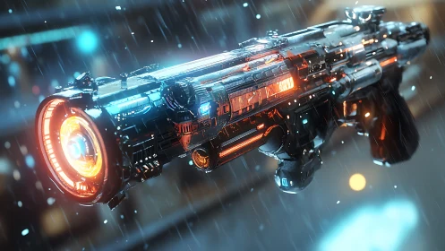 High-detail cyberpunk plasma rifle with glowing reactor core