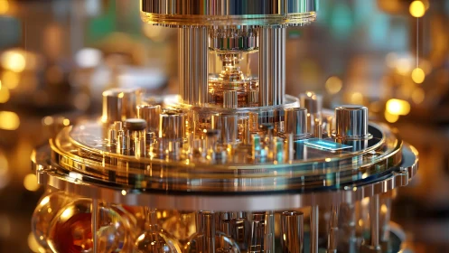 Quantum computer core in a futuristic lab, vibrant metallic style.