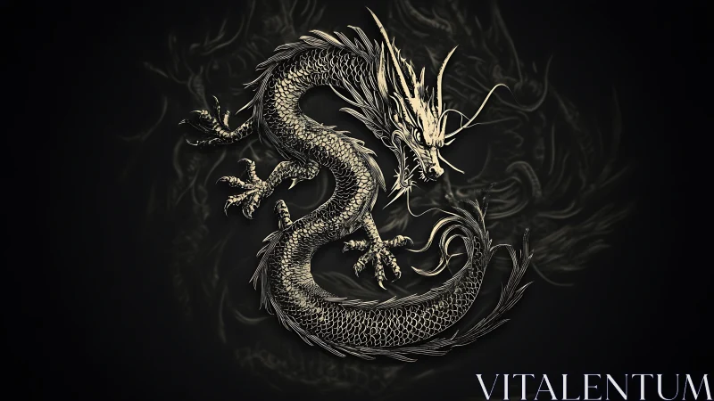 Monochrome serpentine dragon rendered in intricate linework.