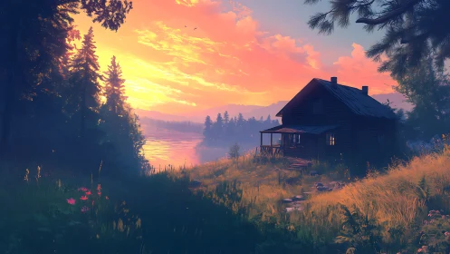 Lakeside timber cabin at golden hour under luminous sky