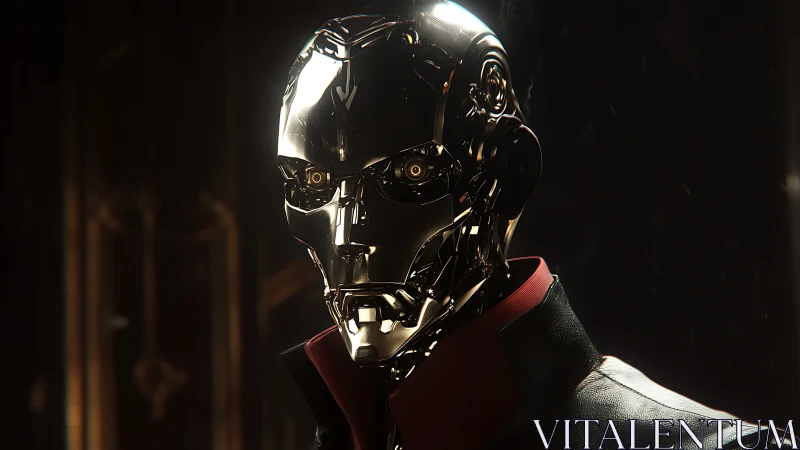 Metallic humanoid robot portrait rendered with glossy detail