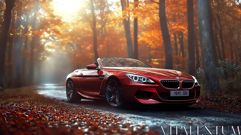 Crimson convertible glides through a glowing autumn forest road