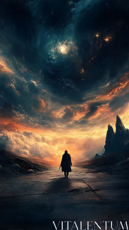 Lone figure walks toward glowing storm under swirling sky.