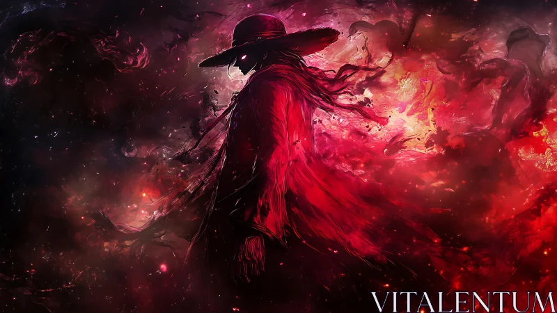 Enigmatic red wanderer drifting through swirling cosmic fire.