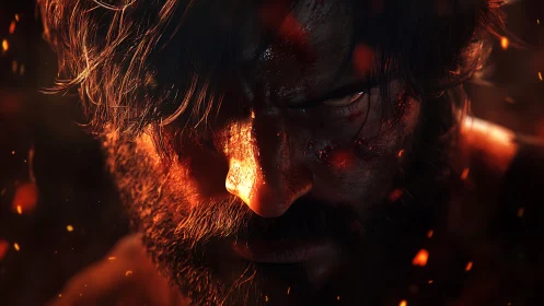 Embers crown a battle-scorched warrior locked in burning focus