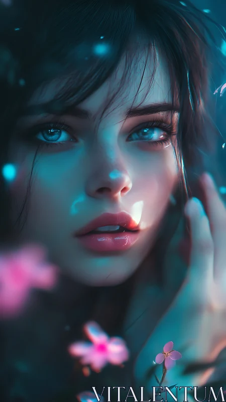 Ethereal blue portrait with luminous eyes and soft florals.