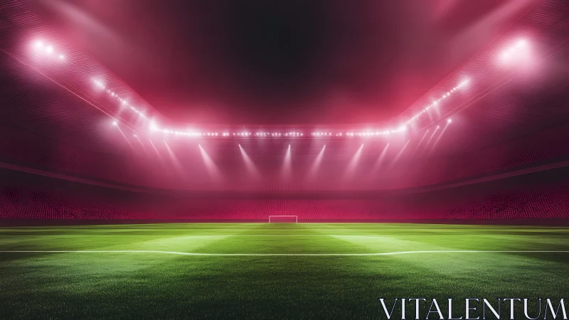 Neon dusk stadium dreaming in pink over a waiting goalmouth.