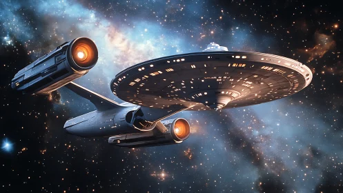 Futuristic starship with disc hull in deep space field.