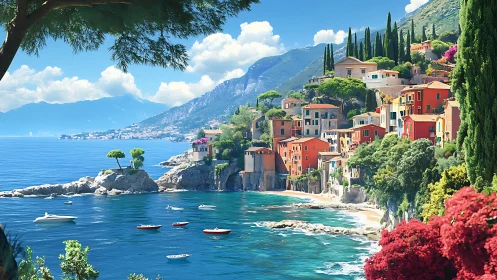 Colorful coastal village on steep Mediterranean hillside.