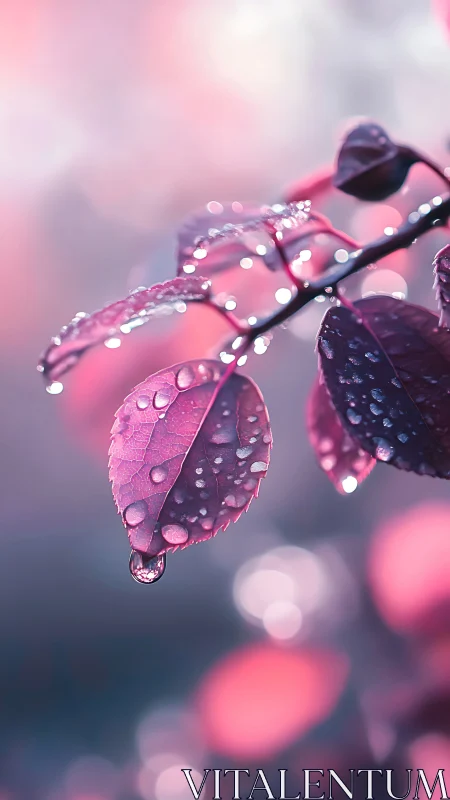 Macro study of dew kissed pink leaves in soft bokeh glow.