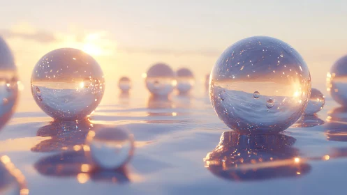 Glowing glass spheres rest on reflective water at sunset.