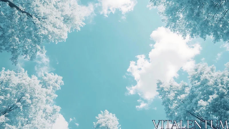 Dreamy Sky Framed by Frosted Trees in Soft Pastel Colors.