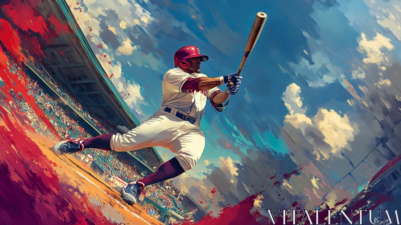 Dynamic baseball batter in sweeping stadium skyline composition.