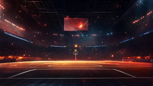 Luminous basketball arena interior under cinematic spotlights.