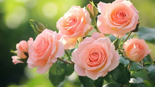 Cluster of salmon-pink roses in natural sunlight