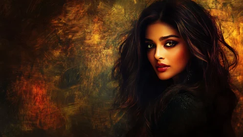 Striking digital portrait of woman against fiery textured backdrop.