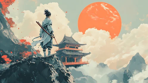 Samurai figure overlooking mountain temple at large sun.