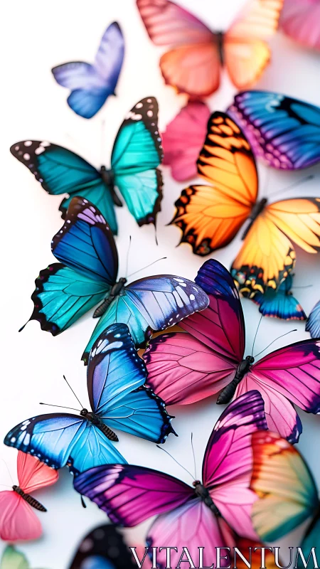 Colorful butterflies rest on bright surface in soft focus