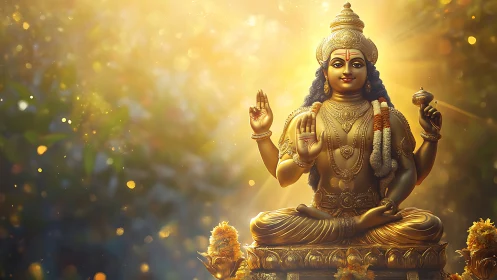 Golden deity in sunlit bloom of serenity and quiet grace.
