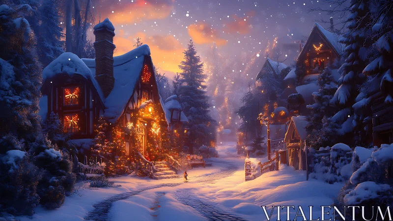 Snowy Christmas village street under glowing twilight sky.