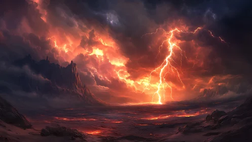 Volcanic storm ignites molten wasteland under charged sky