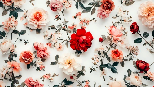 Layered Floral Composition Red Roses Peach Blossoms White Surface